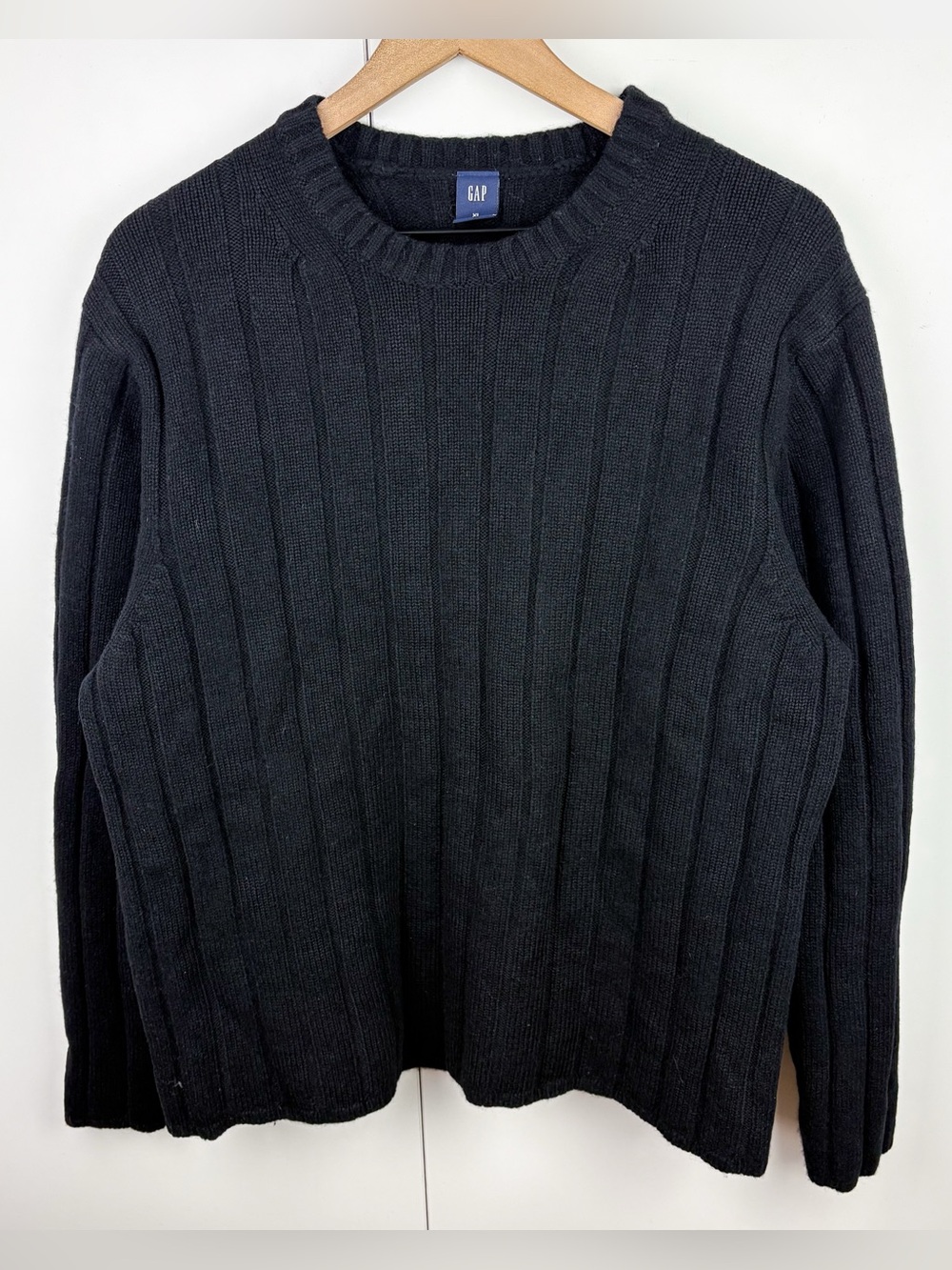 Gap Y2K 100% Lambs Wool Black Crew Neck Ribbed Sweater Vintage Womens Size XL